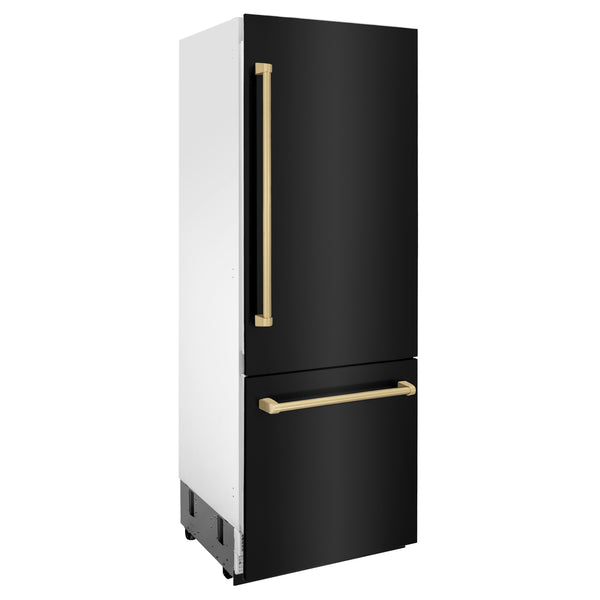 ZLINE 30" Autograph Edition 16.1 cu. ft. Built-in 2-Door Bottom Freezer Refrigerator with Internal Water and Ice Dispenser in Black Stainless Steel with Champagne Bronze Accents (RBIVZ-BS-30-CB)