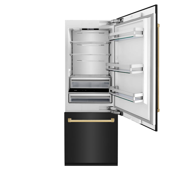 ZLINE 30" Autograph Edition 16.1 cu. ft. Built-in 2-Door Bottom Freezer Refrigerator with Internal Water and Ice Dispenser in Black Stainless Steel with Polished Gold  Accents (RBIVZ-BS-30-G)