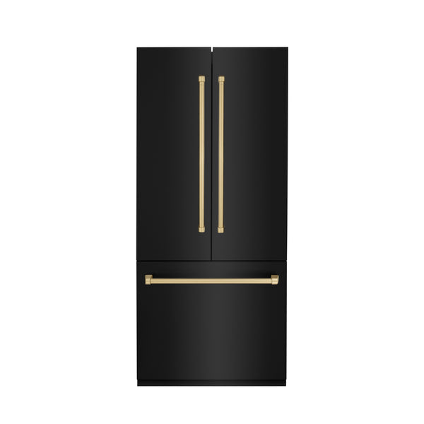 ZLINE Autograph Edition 36 in. 19.6 cu. ft. French Door Built-In Bottom Freezer Refrigerator with Water Dispenser and Ice Maker in Black Stainless Steel with Champagne Bronze Accents (RBIVZ-BS-36-CB)