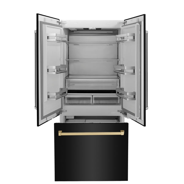 ZLINE Autograph Edition 36 in. 19.6 cu. ft. French Door Built-In Bottom Freezer Refrigerator with Water Dispenser and Ice Maker in Black Stainless Steel with Champagne Bronze Accents (RBIVZ-BS-36-CB)