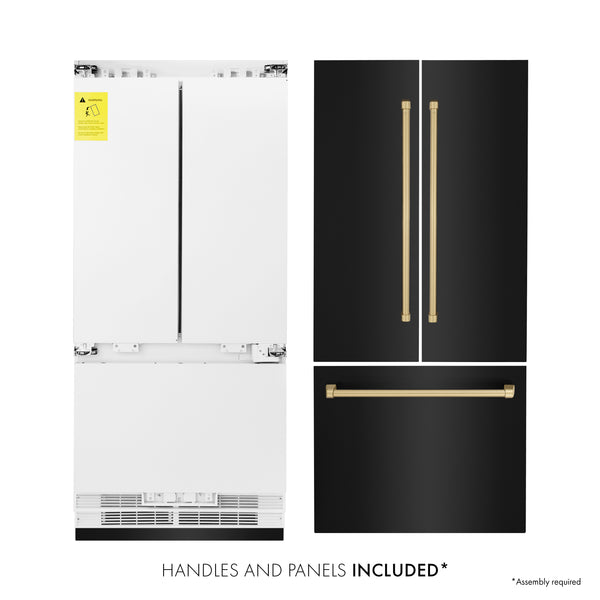 ZLINE Autograph Edition 36 in. 19.6 cu. ft. French Door Built-In Bottom Freezer Refrigerator with Water Dispenser and Ice Maker in Black Stainless Steel with Champagne Bronze Accents (RBIVZ-BS-36-CB)