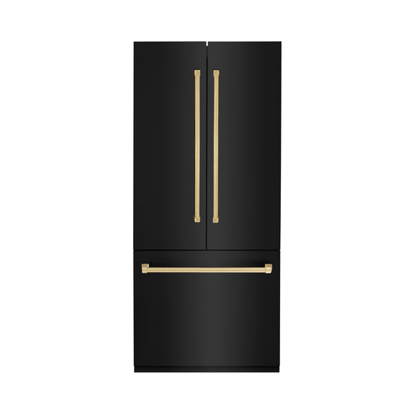 ZLINE Autograph Edition 36 in. 19.6 cu. ft. French Door Built-In Bottom Freezer Refrigerator with Water Dispenser and Ice Maker in Black Stainless Steel with Polished Gold Accents (RBIVZ-BS-36-G)