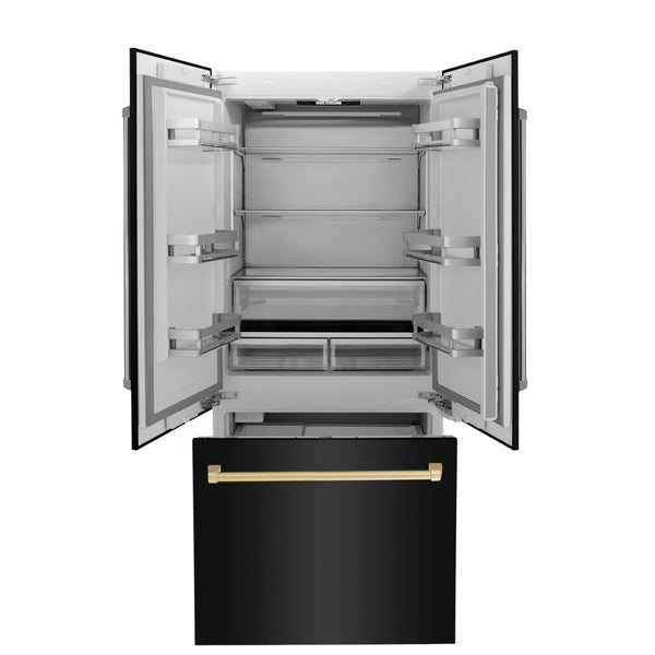 ZLINE Autograph Edition 36 in. 19.6 cu. ft. French Door Built-In Bottom Freezer Refrigerator with Water Dispenser and Ice Maker in Black Stainless Steel with Polished Gold Accents (RBIVZ-BS-36-G)