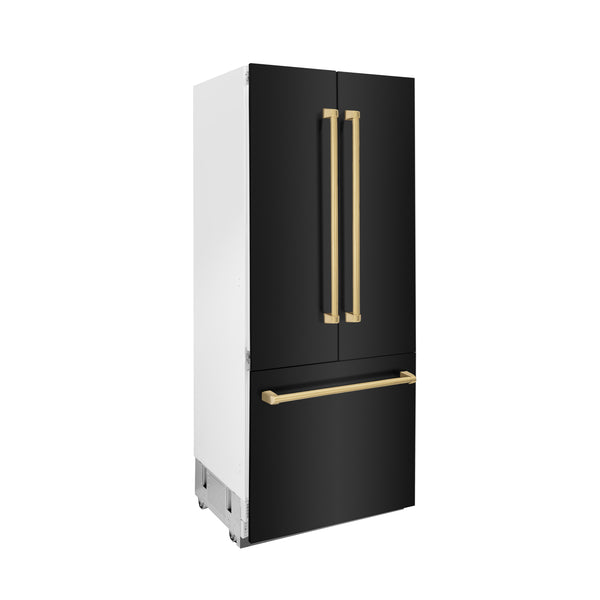 ZLINE 36" Autograph Edition 19.6 cu. ft. Built-in 3-DoorFrench Door Refrigerator with Internal Water and Ice Dispenser in Black Stainless Steel with Polished Gold  Accents (RBIVZ-BS-36-G)