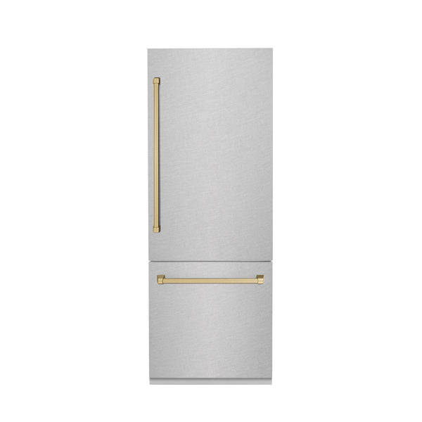 ZLINE 30" Autograph Edition 16.1 cu. ft. Built-in 2-Door Bottom Freezer Refrigerator with Internal Water and Ice Dispenser in Fingerprint Resistant Stainless Steel with Champagne Bronze Accents (RBIVZ-SN-30-CB)