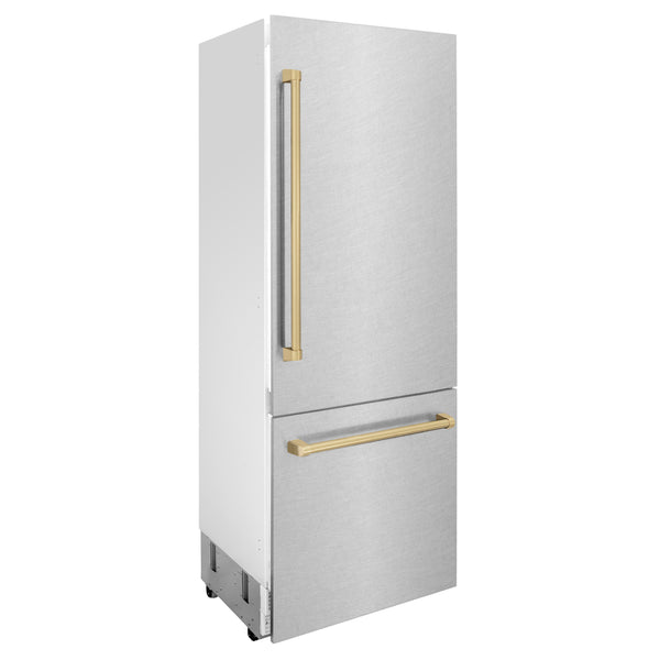 ZLINE 30" Autograph Edition 16.1 cu. ft. Built-in 2-Door Bottom Freezer Refrigerator with Internal Water and Ice Dispenser in Fingerprint Resistant Stainless Steel with Champagne Bronze Accents (RBIVZ-SN-30-CB)