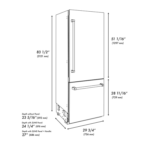 ZLINE Autograph Edition 30 in. 16.1 cu. ft. Built-In Bottom Freezer Refrigerator with Water Dispenser and Ice Maker in DuraSnow® Stainless Steel with Polished Gold Accents (RBIVZ-SN-30-G)