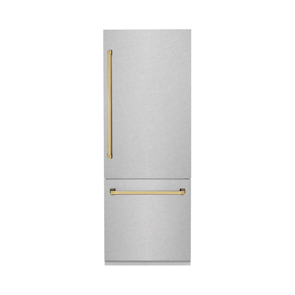 ZLINE 30" Autograph Edition 16.1 cu. ft. Built-in 2-Door Bottom Freezer Refrigerator with Internal Water and Ice Dispenser in Fingerprint Resistant Stainless Steel with Polished Gold  Accents (RBIVZ-SN-30-G)