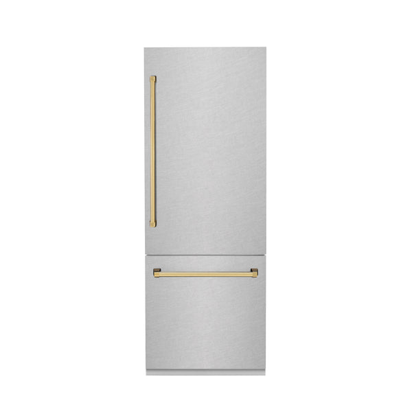 ZLINE Autograph Edition 30 in. 16.1 cu. ft. Built-In Bottom Freezer Refrigerator with Water Dispenser and Ice Maker in DuraSnow® Stainless Steel with Polished Gold Accents (RBIVZ-SN-30-G)