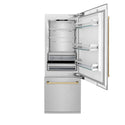 ZLINE Autograph Edition 30 in. 16.1 cu. ft. Built-In Bottom Freezer Refrigerator with Water Dispenser and Ice Maker in DuraSnow® Stainless Steel with Polished Gold Accents (RBIVZ-SN-30-G)