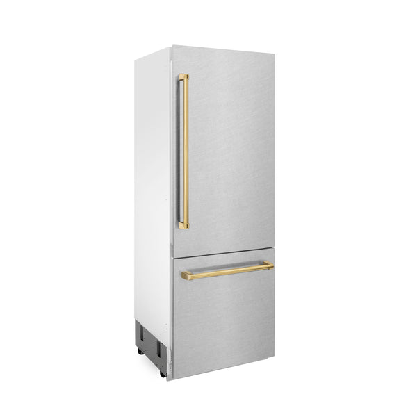 ZLINE 30" Autograph Edition 16.1 cu. ft. Built-in 2-Door Bottom Freezer Refrigerator with Internal Water and Ice Dispenser in Fingerprint Resistant Stainless Steel with Polished Gold  Accents (RBIVZ-SN-30-G)