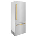 ZLINE Autograph Edition 30 in. 16.1 cu. ft. Built-In Bottom Freezer Refrigerator with Water Dispenser and Ice Maker in DuraSnow® Stainless Steel with Polished Gold Accents (RBIVZ-SN-30-G)