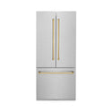 ZLINE Autograph Edition 36 in. 19.6 cu. ft. French Door Built-In Bottom Freezer Refrigerator with Water Dispenser and Ice Maker in DuraSnow® Stainless Steel with Polished Gold Accents (RBIVZ-SN-36-G)