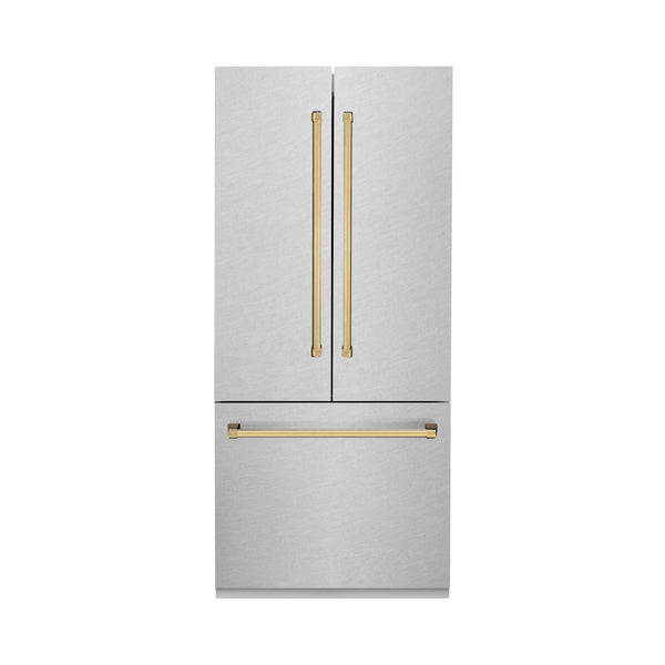 ZLINE Autograph Edition 36 in. 19.6 cu. ft. French Door Built-In Bottom Freezer Refrigerator with Water Dispenser and Ice Maker in DuraSnow® Stainless Steel with Polished Gold Accents (RBIVZ-SN-36-G)