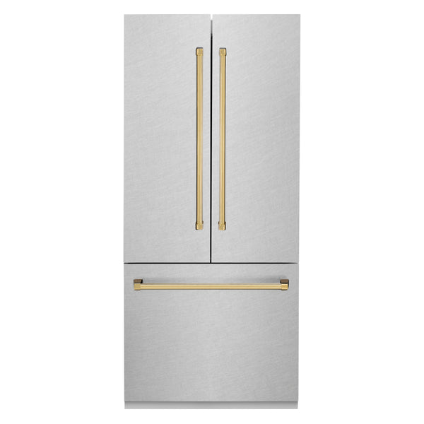 ZLINE Autograph Edition 36 in. 19.6 cu. ft. French Door Built-In Bottom Freezer Refrigerator with Water Dispenser and Ice Maker in DuraSnow® Stainless Steel with Polished Gold Accents (RBIVZ-SN-36-G)