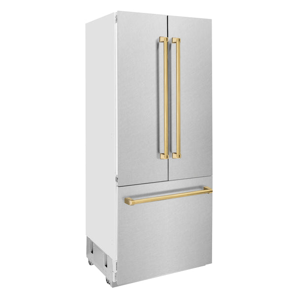 ZLINE Autograph Edition 36 in. 19.6 cu. ft. French Door Built-In Bottom Freezer Refrigerator with Water Dispenser and Ice Maker in DuraSnow® Stainless Steel with Polished Gold Accents (RBIVZ-SN-36-G)