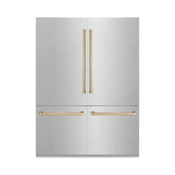 ZLINE Autograph Edition 60 in. 32.2 cu. ft. French Door Built-In Bottom Freezer Refrigerator with Water Dispenser and Ice Maker in DuraSnow® Stainless Steel with Champagne Bronze Accents (RBIVZ-SN-60-CB)