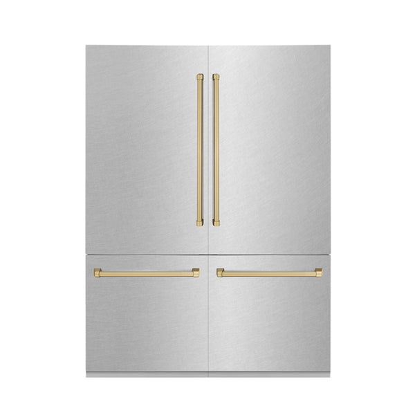 ZLINE Autograph Edition 60 in. 32.2 cu. ft. French Door Built-In Bottom Freezer Refrigerator with Water Dispenser and Ice Maker in DuraSnow® Stainless Steel with Champagne Bronze Accents (RBIVZ-SN-60-CB)