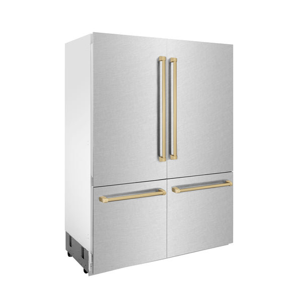 ZLINE Autograph Edition 60 in. 32.2 cu. ft. French Door Built-In Bottom Freezer Refrigerator with Water Dispenser and Ice Maker in DuraSnow® Stainless Steel with Champagne Bronze Accents (RBIVZ-SN-60-CB)