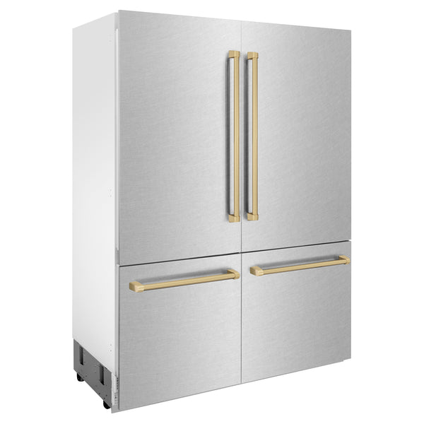 ZLINE Autograph Edition 60 in. 32.2 cu. ft. French Door Built-In Bottom Freezer Refrigerator with Water Dispenser and Ice Maker in DuraSnow® Stainless Steel with Champagne Bronze Accents (RBIVZ-SN-60-CB)