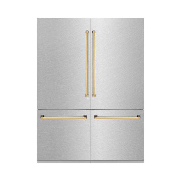 ZLINE 60" Autograph Edition 32.2 cu. ft. Built-in 4-Door French Door Refrigerator with Internal Water and Ice Dispenser in Fingerprint Resistant Stainless Steel with Polished Gold  Accents (RBIVZ-SN-60-G)