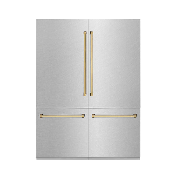 ZLINE 60" Autograph Edition 32.2 cu. ft. Built-in 4-Door French Door Refrigerator with Internal Water and Ice Dispenser in Fingerprint Resistant Stainless Steel with Polished Gold  Accents (RBIVZ-SN-60-G)