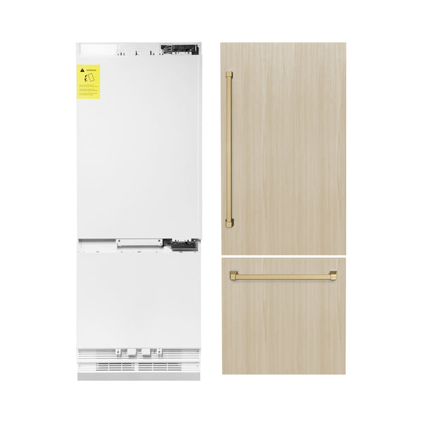 ZLINE Autograph Edition 30 in. 16.1 cu. ft. Panel Ready Built-In Bottom Freezer Refrigerator with Water Dispenser and Ice Maker with Champagne Bronze Accents (RBIVZ-30-CB)