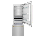 ZLINE Autograph Edition 30 in. 16.1 cu. ft. Built-In Bottom Freezer Refrigerator with Water Dispenser and Ice Maker in Satin Stainless Steel with Champagne Bronze Accents (RBIVZ-SN-30-CB)