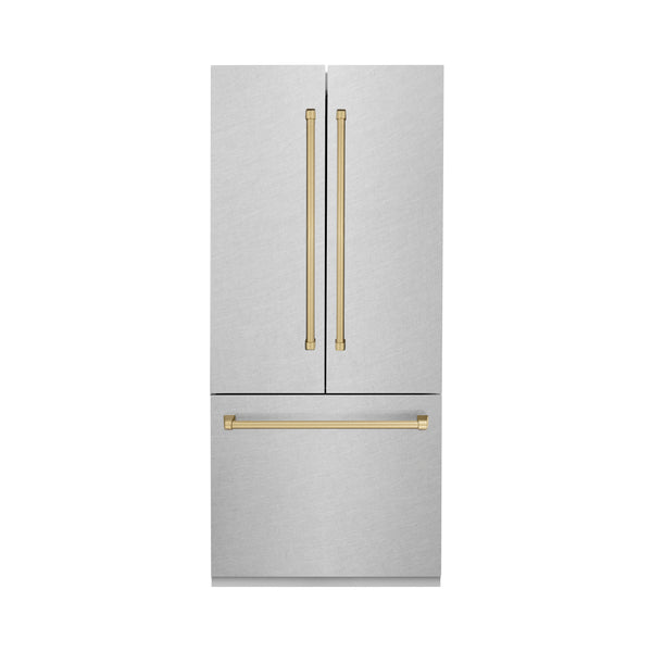 ZLINE Autograph Edition 36 in. 19.6 cu. ft. French Door Built-In Bottom Freezer Refrigerator with Water Dispenser and Ice Maker in Satin Stainless Steel with Champagne Bronze Accents (RBIVZ-SN-36-CB)