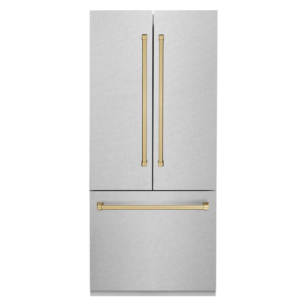 ZLINE Autograph Edition 36 in. 19.6 cu. ft. French Door Built-In Bottom Freezer Refrigerator with Water Dispenser and Ice Maker in Satin Stainless Steel with Champagne Bronze Accents (RBIVZ-SN-36-CB)