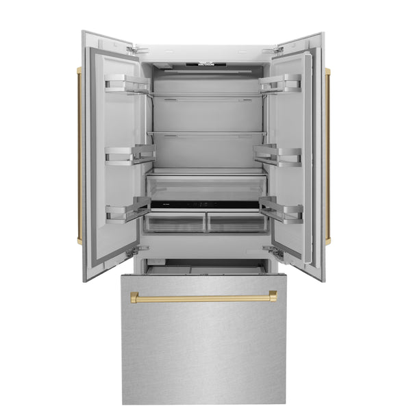 ZLINE Autograph Edition 36 in. 19.6 cu. ft. French Door Built-In Bottom Freezer Refrigerator with Water Dispenser and Ice Maker in Satin Stainless Steel with Champagne Bronze Accents (RBIVZ-SN-36-CB)