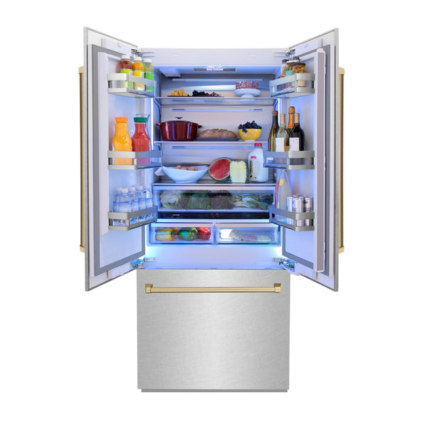 ZLINE Autograph Edition 36 in. 19.6 cu. ft. French Door Built-In Bottom Freezer Refrigerator with Water Dispenser and Ice Maker in Satin Stainless Steel with Champagne Bronze Accents (RBIVZ-SN-36-CB)