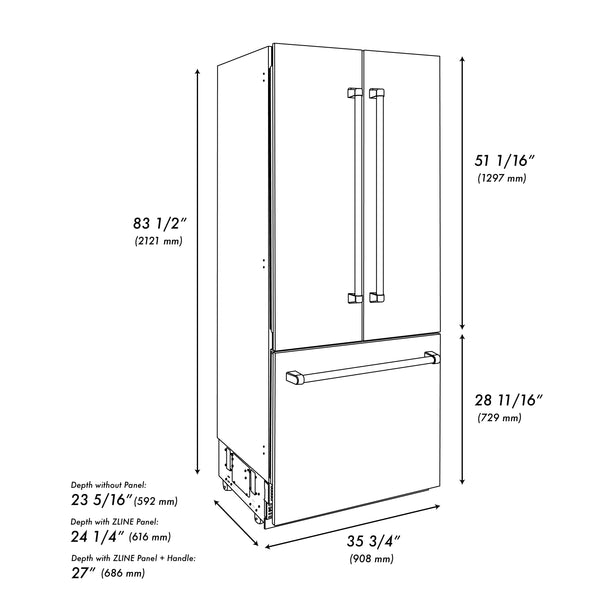 ZLINE Autograph Edition 36 in. 19.6 cu. ft. French Door Built-In Bottom Freezer Refrigerator with Water Dispenser and Ice Maker in Satin Stainless Steel with Polished Gold Accents (RBIVZ-SN-36-G)