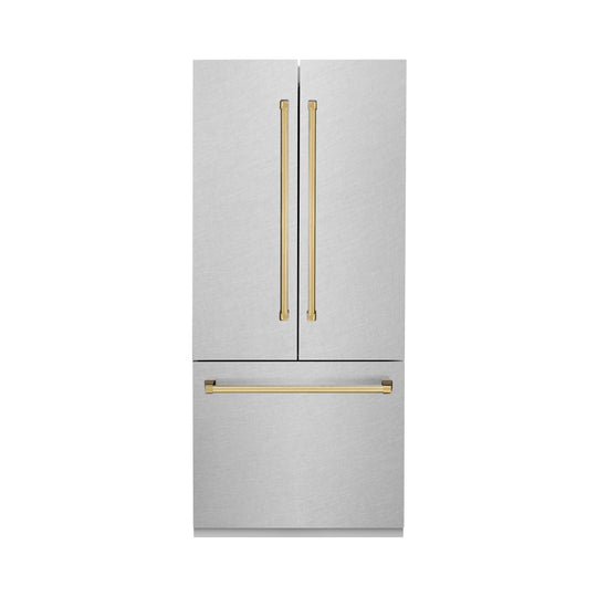 ZLINE Autograph Edition 36 in. 19.6 cu. ft. French Door Built-In Bottom Freezer Refrigerator with Water Dispenser and Ice Maker in Satin Stainless Steel with Polished Gold Accents (RBIVZ-SN-36-G)