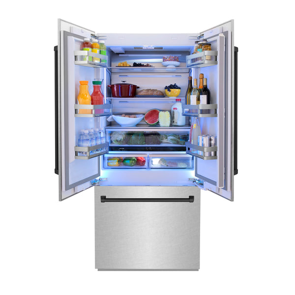 ZLINE Autograph Edition 36 in. 19.6 cu. ft. French Door Built-In Bottom Freezer Refrigerator with Water Dispenser and Ice Maker in Satin Stainless Steel with Matte Black Accents (RBIVZ-SN-36-MB)