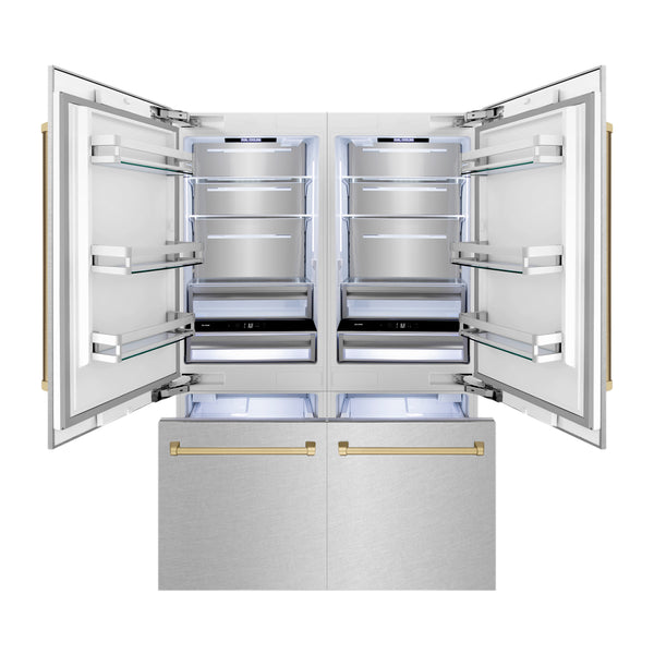 ZLINE Autograph Edition 60 in. 32.2 cu. ft. French Door Built-In Bottom Freezer Refrigerator with Water Dispenser and Ice Maker in Satin Stainless Steel with Champagne Bronze Accents (RBIVZ-SN-60-CB)