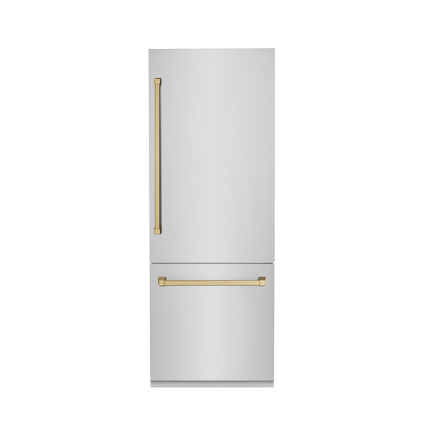 ZLINE Autograph Edition 30 in. 16.1 cu. ft. Built-In Bottom Freezer Refrigerator with Water Dispenser and Ice Maker in Stainless Steel with Champagne Bronze Accents (RBIVZ-304-30-CB)