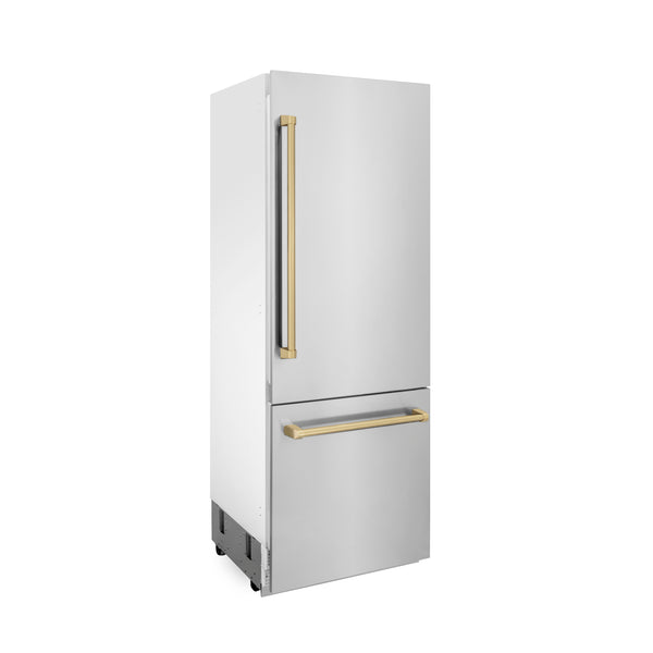 ZLINE Autograph Edition 30 in. 16.1 cu. ft. Built-In Bottom Freezer Refrigerator with Water Dispenser and Ice Maker in Stainless Steel with Champagne Bronze Accents (RBIVZ-304-30-CB)