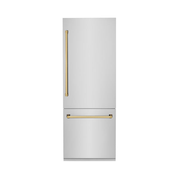 Products ZLINE 30” Autograph Edition 16.1 cu. ft. Built-in 2-Door Bottom Freezer Refrigerator with Internal Water and Ice Dispenser in Stainless Steel with Polished Gold  Accents (RBIVZ-304-30-G)