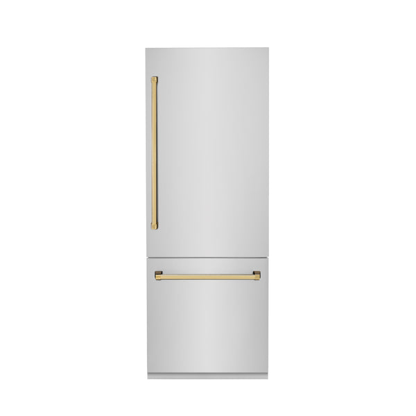 ZLINE Autograph Edition 30 in. 16.1 cu. ft. Built-In Bottom Freezer Refrigerator with Water Dispenser and Ice Maker in Stainless Steel with Polished Gold Accents (RBIVZ-304-30-G)