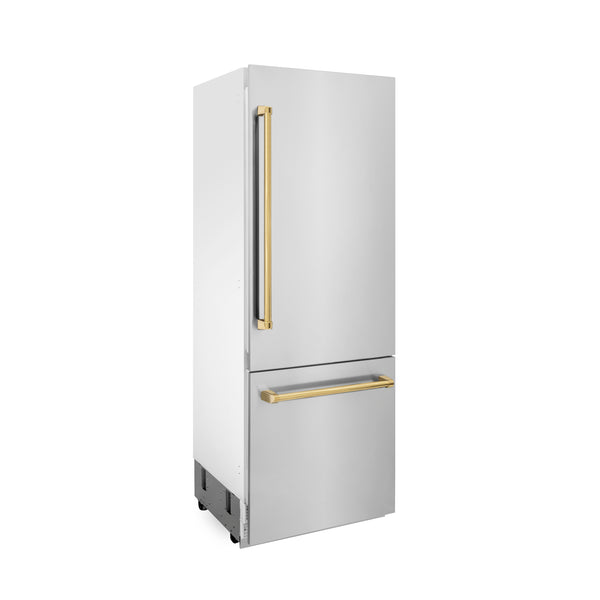 Products ZLINE 30” Autograph Edition 16.1 cu. ft. Built-in 2-Door Bottom Freezer Refrigerator with Internal Water and Ice Dispenser in Stainless Steel with Polished Gold  Accents (RBIVZ-304-30-G)