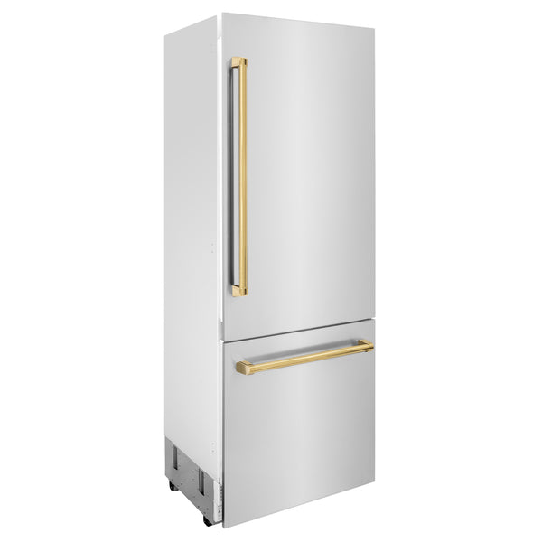 ZLINE Autograph Edition 30 in. 16.1 cu. ft. Built-In Bottom Freezer Refrigerator with Water Dispenser and Ice Maker in Stainless Steel with Polished Gold Accents (RBIVZ-304-30-G)