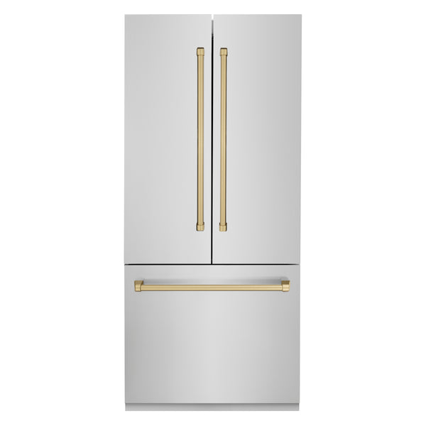 ZLINE Autograph Edition 36 in. 19.6 cu. ft. French Door Built-In Bottom Freezer Refrigerator with Water Dispenser and Ice Maker in Stainless Steel with Champagne Bronze Accents (RBIVZ-304-36-CB)