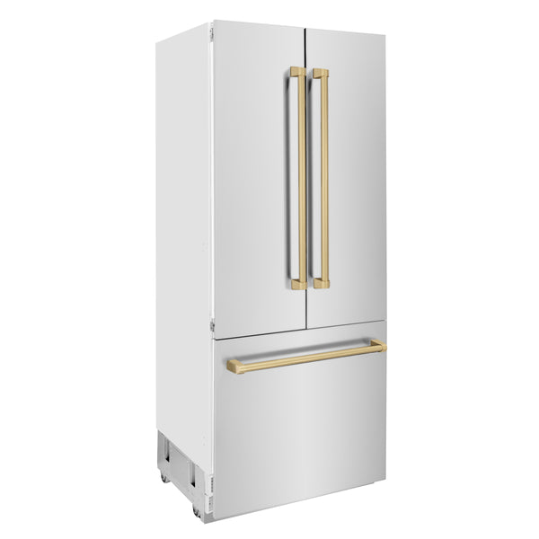 ZLINE Autograph Edition 36 in. 19.6 cu. ft. French Door Built-In Bottom Freezer Refrigerator with Water Dispenser and Ice Maker in Stainless Steel with Champagne Bronze Accents (RBIVZ-304-36-CB)