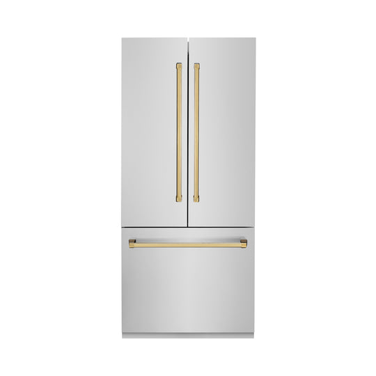 ZLINE Autograph Edition 36 in. 19.6 cu. ft. French Door Built-In Bottom Freezer Refrigerator with Water Dispenser and Ice Maker in Stainless Steel with Polished Gold Accents (RBIVZ-304-36-G)