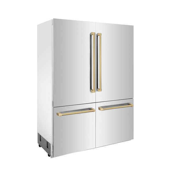 ZLINE Autograph Edition 60 in. 32.2 cu. ft. French Door Built-In Bottom Freezer Refrigerator with Water Dispenser and Ice Maker in Stainless Steel with Champagne Bronze Accents (RBIVZ-304-60-CB)