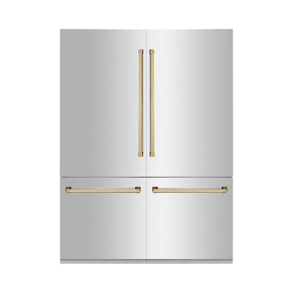 ZLINE Autograph Edition 60 in. 32.2 cu. ft. French Door Built-In Bottom Freezer Refrigerator with Water Dispenser and Ice Maker in Stainless Steel with Polished Gold Accents (RBIVZ-304-60-G)