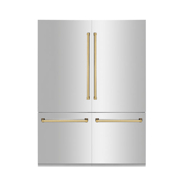 ZLINE Autograph Edition 60 in. 32.2 cu. ft. French Door Built-In Bottom Freezer Refrigerator with Water Dispenser and Ice Maker in Stainless Steel with Polished Gold Accents (RBIVZ-304-60-G)