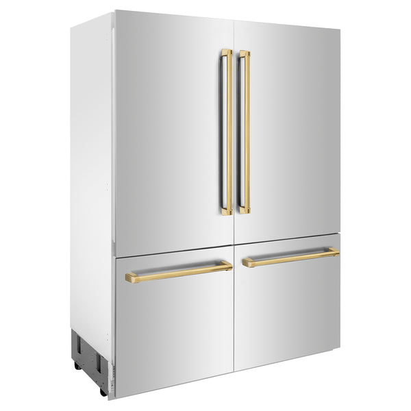 ZLINE Autograph Edition 60 in. 32.2 cu. ft. French Door Built-In Bottom Freezer Refrigerator with Water Dispenser and Ice Maker in Stainless Steel with Polished Gold Accents (RBIVZ-304-60-G)