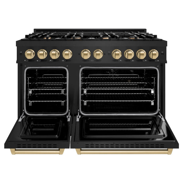 ZLINE Autograph Edition 48 in. 6.7 cu. ft. Classic Double Oven Dual Fuel Range with 8 Burner Gas Cooktop in Black Stainless Steel and Champagne Bronze Accents, Open Box-Good Condition